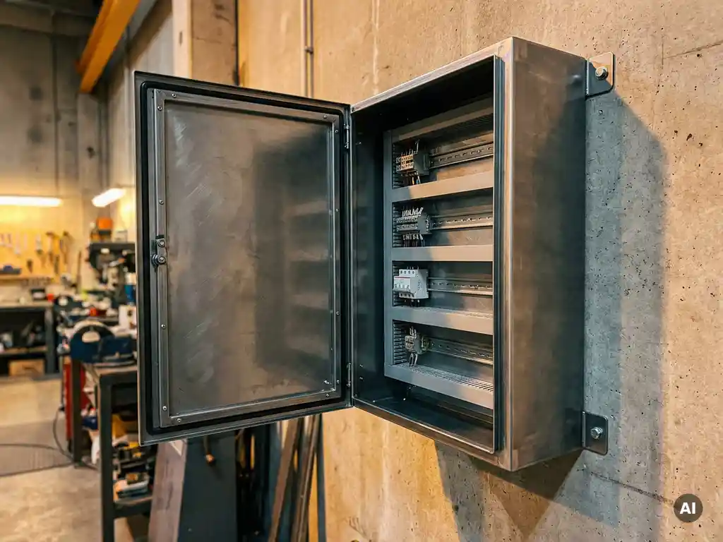 Wandmontierter Stahlschaltschrank mit geöffnetem Schwenkrahmen und Montageschienen, an einer Betonwand in einer Industriewerkstatt.