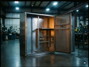 Geöffneter Industrie-Schaltschrank aus gebürstetem Stahl mit präzise geschnittenen Innenpanelen und Schweißnähten in einer Fabrikhalle.