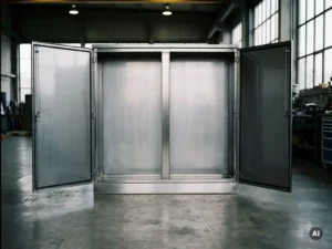 Leerer Industrie-Schaltschrank aus Edelstahl auf Betonboden, präzise geschweißte Nähte und gebürstete Oberfläche in deutscher Fertigungsqualität.