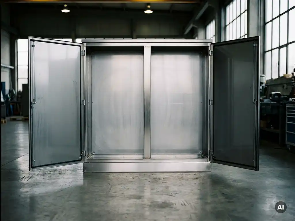 Leerer Industrie-Schaltschrank aus Edelstahl auf Betonboden, präzise geschweißte Nähte und gebürstete Oberfläche in deutscher Fertigungsqualität.
