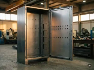 Geöffneter Industrieschaltschrank aus Stahl mit gefrästen Kreisausschnitten und Stanzlöchern, Metallspäne im Werkstattlicht sichtbar.