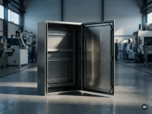 Geöffneter Industrieschaltschrank aus Stahl mit Montageschienen auf modernem Fabrikboden, dramatische Seitenbeleuchtung auf gebürsteten Metalloberflächen.