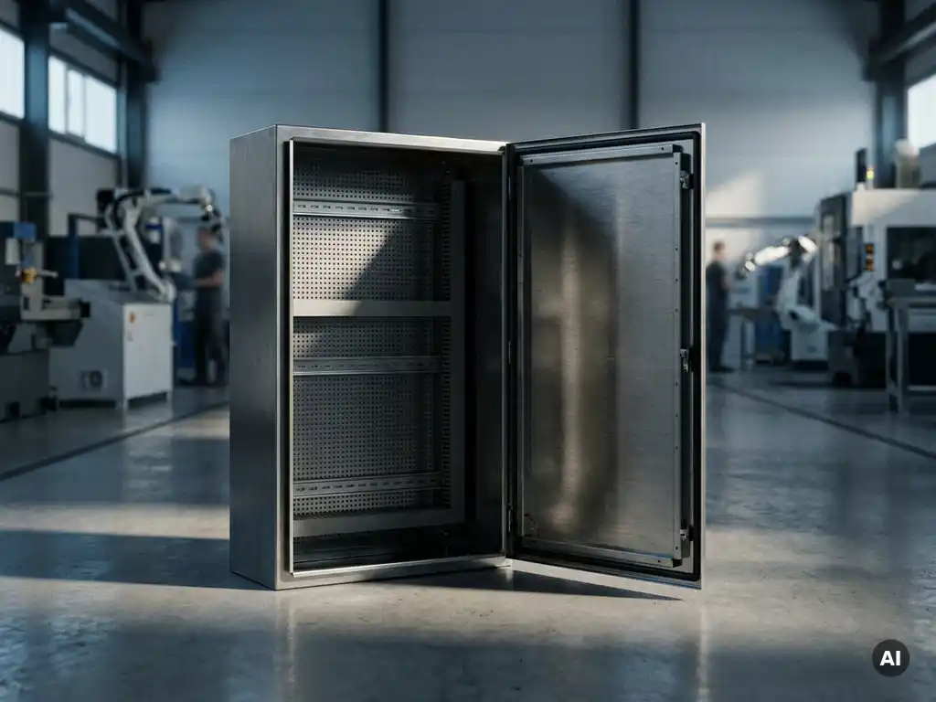 Geöffneter Industrieschaltschrank aus Stahl mit Montageschienen auf modernem Fabrikboden, dramatische Seitenbeleuchtung auf gebürsteten Metalloberflächen.
