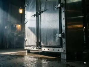 Industrieller Stahlschaltschrank auf nassem Betonboden, Wassertropfen auf gebürsteter Metalloberfläche, Schutzart IP-gerechte Dichtungen sichtbar.