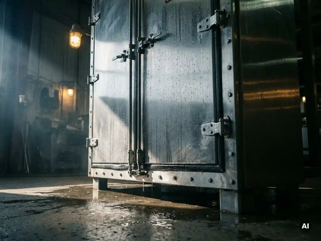 Industrieller Stahlschaltschrank auf nassem Betonboden, Wassertropfen auf gebürsteter Metalloberfläche, Schutzart IP-gerechte Dichtungen sichtbar.
