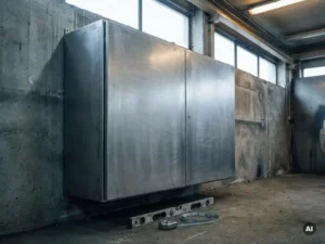 Schwerer Stahlschaltschrank an Betonwand montiert, mit Wasserwaage und Maßband an der Basis, industrielles Grau und Silber.