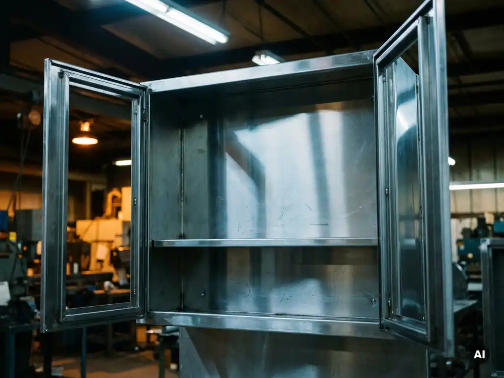 Geöffneter Industrie-Stahlschaltschrank an Fabrikhallenwand mit gebürstetem Metallgehäuse und präzisen Schweißnähten im Werkstattlicht.