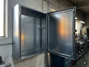 Geöffneter Stahlschaltschrank aus Industriequalität mit leerem Innenraum, wandmontiert in einer Fabrikwerkstatt.