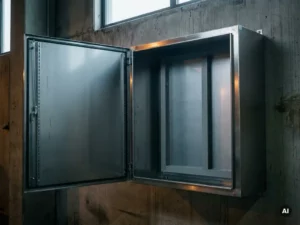 Geöffneter Stahlschaltschrank mit Montageschienen an einer Betonwand in einer Industriehalle, gebürstete Metalloberfläche.