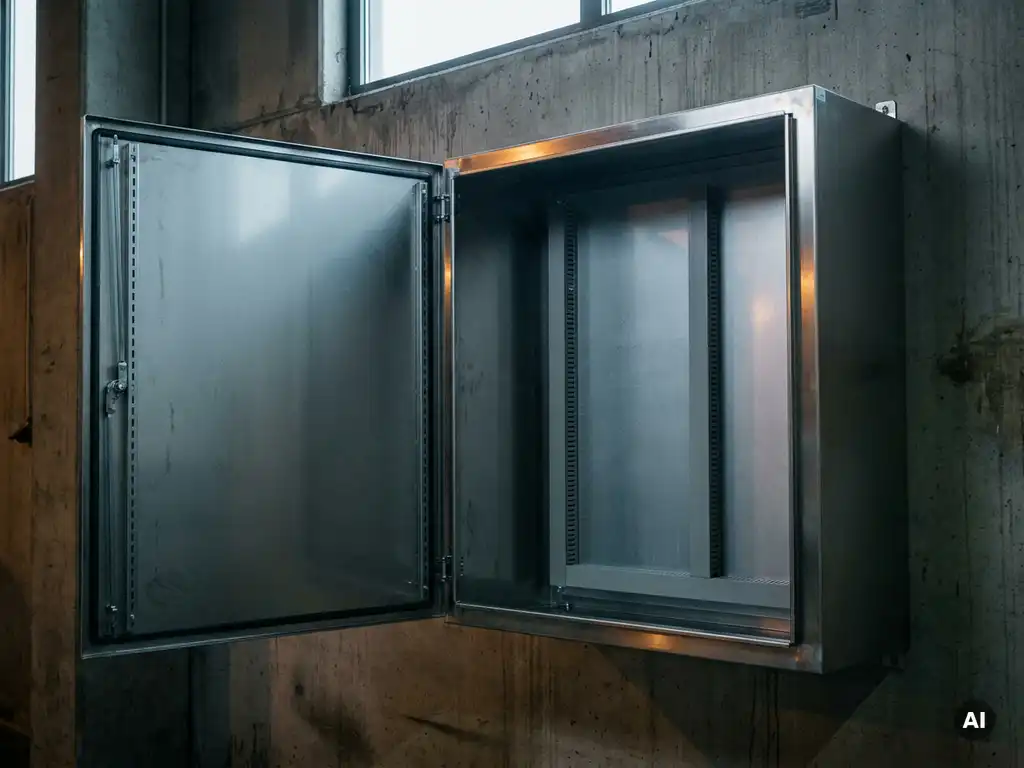 Geöffneter Stahlschaltschrank mit Montageschienen an einer Betonwand in einer Industriehalle, gebürstete Metalloberfläche.
