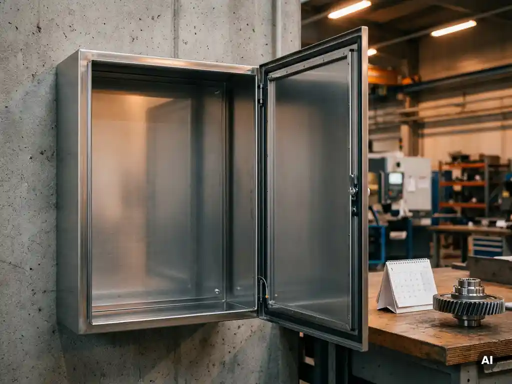 Geöffneter Stahl-Wandschrank in einer Fabrik, leeres Inneres sichtbar, Betonwand, Werkbank mit Metallbauteil und Kalender im Hintergrund.