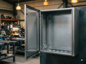 Geöffneter Industrie-Stahlschaltschrank mit Montageschienen und Kabeleinführungen in einer Metallwerkstatt.