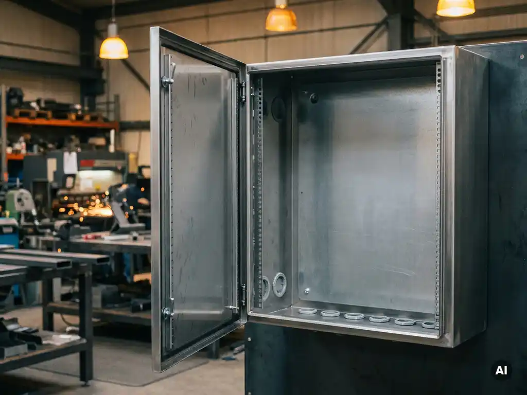 Geöffneter Industrie-Stahlschaltschrank mit Montageschienen und Kabeleinführungen in einer Metallwerkstatt.