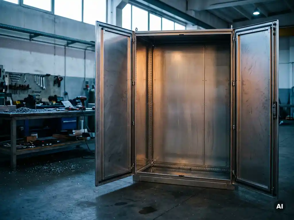 Geöffneter Stahlschaltschrank auf Fabrikboden mit gebürsteten Innenpanelen und Metallspänen im Hintergrund.