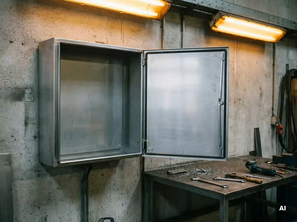 Leerer Stahlschaltschrank mit offener Tür, an Betonwand einer Industriewerkstatt montiert, Metallspäne auf Werkbank im Hintergrund.