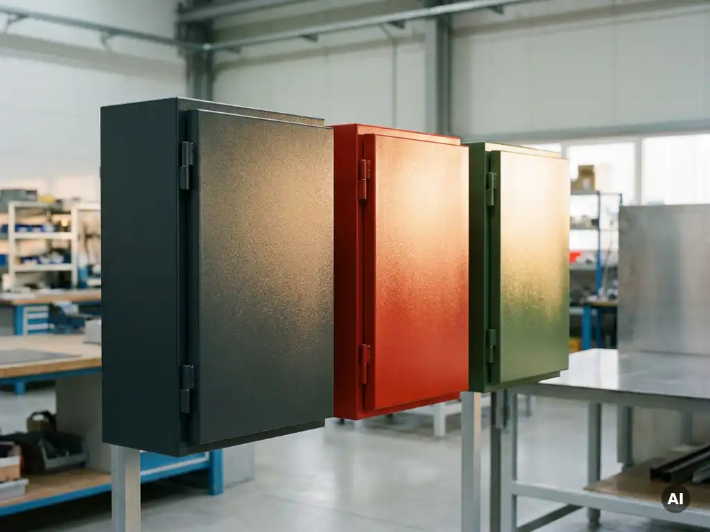 Wandmontierte Stahlschränke in RAL-Farben Anthrazit, Signalrot und Moosgrün mit pulverbeschichteten Oberflächen in einer Industriewerkstatt.