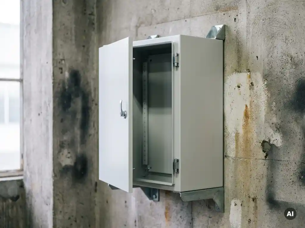 Wandmontierter Stahlschaltschrank RAL 7035 hellgrau mit leicht geöffneter Tür, leerem Innenraum, an Betonwand in Industrieumgebung.