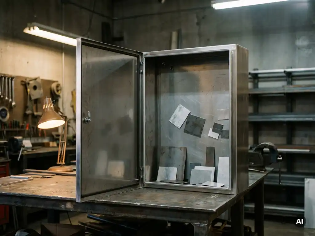 Offener Wandschrank aus gebürstetem Stahl auf Werkbank, mit sichtbarem Metallinneren und Blech-Materialproben daneben.
