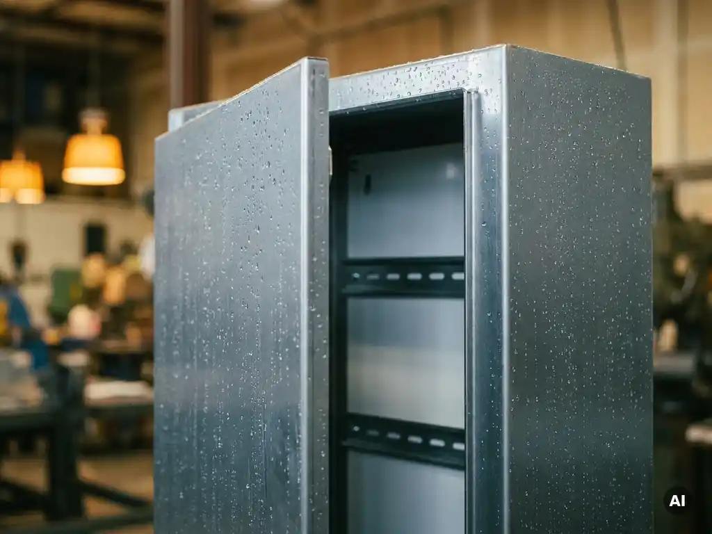 Wandmontierter Industrie-Schaltschrank aus Stahl mit leicht geöffneter Tür, Montageschienen und Wassertropfen auf der Oberfläche.
