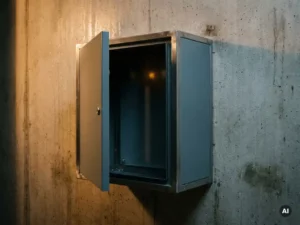 Wandmontierter Stahlschrank mit leicht geöffneter Tür an Betonwand, industrielle Umgebung mit Feuchtigkeitsspuren und Bernsteinlicht.