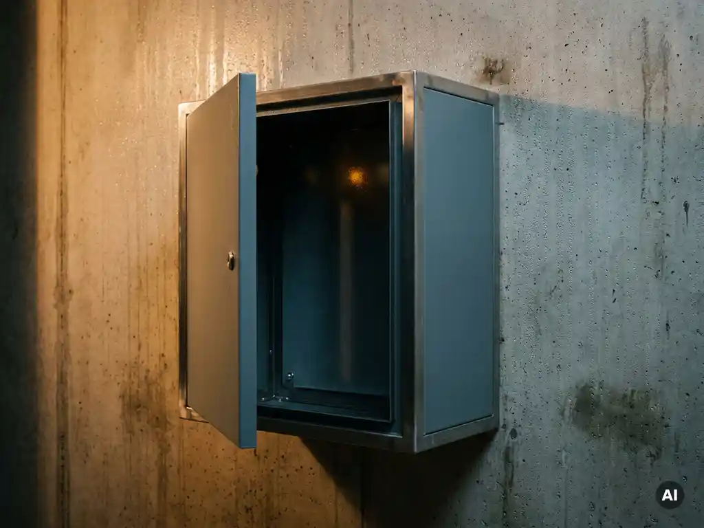 Wandmontierter Stahlschrank mit leicht geöffneter Tür an Betonwand, industrielle Umgebung mit Feuchtigkeitsspuren und Bernsteinlicht.
