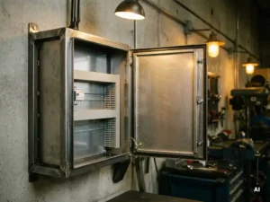 Geöffneter Stahlschrank zur Wandmontage mit gebürstetem Metallgehäuse, Schweißnähten und Montageschienen in industrieller Werkstatt.