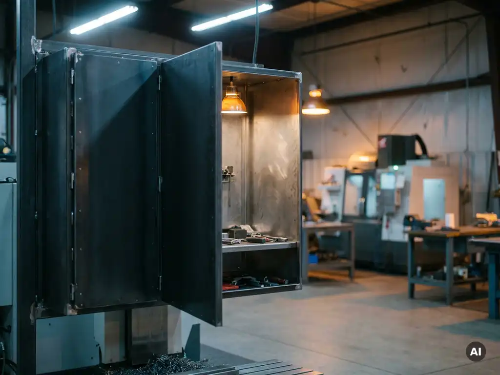 Geöffneter wandmontierter Stahlschaltschrank mit gebürstetem Metallinneren in einer Industriehalle mit unscharfem Maschinenhintergrund.