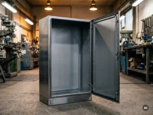 Geöffneter Stahlschrank zur Wandmontage mit Montageschienen auf Betonboden einer Industriewerkstatt.