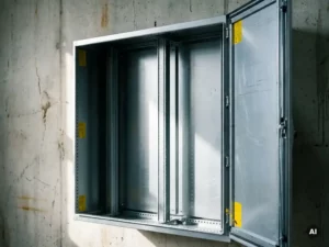 Offener Wandschrank aus Stahl mit Montageschienen und leerem Rückpanel, an Betonwand montiert, dramatische Seitenbeleuchtung.
