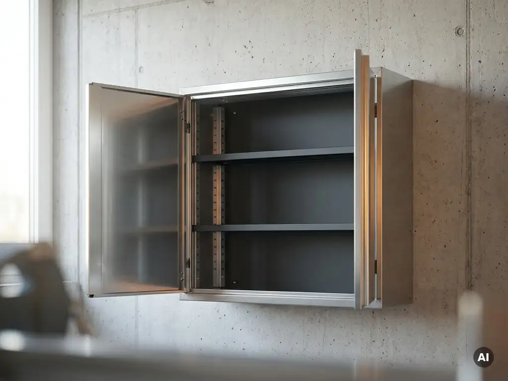 Wandmontierter Stahlschaltschrank mit offener Tür, pulverbeschichteter Oberfläche und Montageschienen, an Betonwand in industrieller Umgebung.