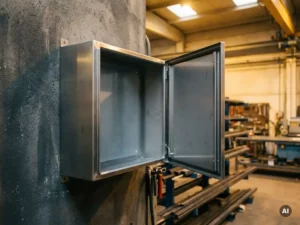 Leere Stahlschaltschrank-Wandhalterung mit geöffneter Tür, montiert an einer Betonwand in einer Industriewerkstatt.