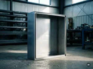 Leerer Stahlschrank aus schwerem Blech in einer Industriewerkstatt, präzise gebogene Kanten im Fabrikklicht, Metallspäne auf dem Betonboden.