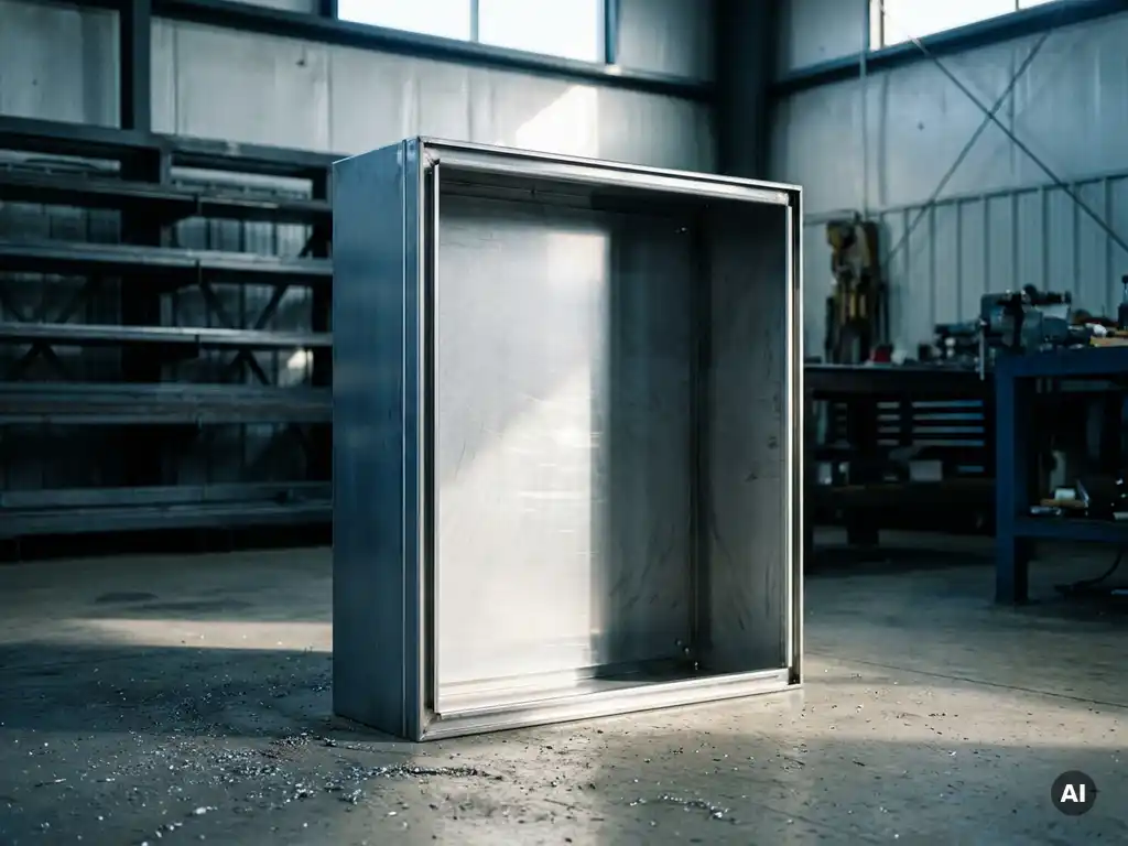 Leerer Stahlschrank aus schwerem Blech in einer Industriewerkstatt, präzise gebogene Kanten im Fabrikklicht, Metallspäne auf dem Betonboden.