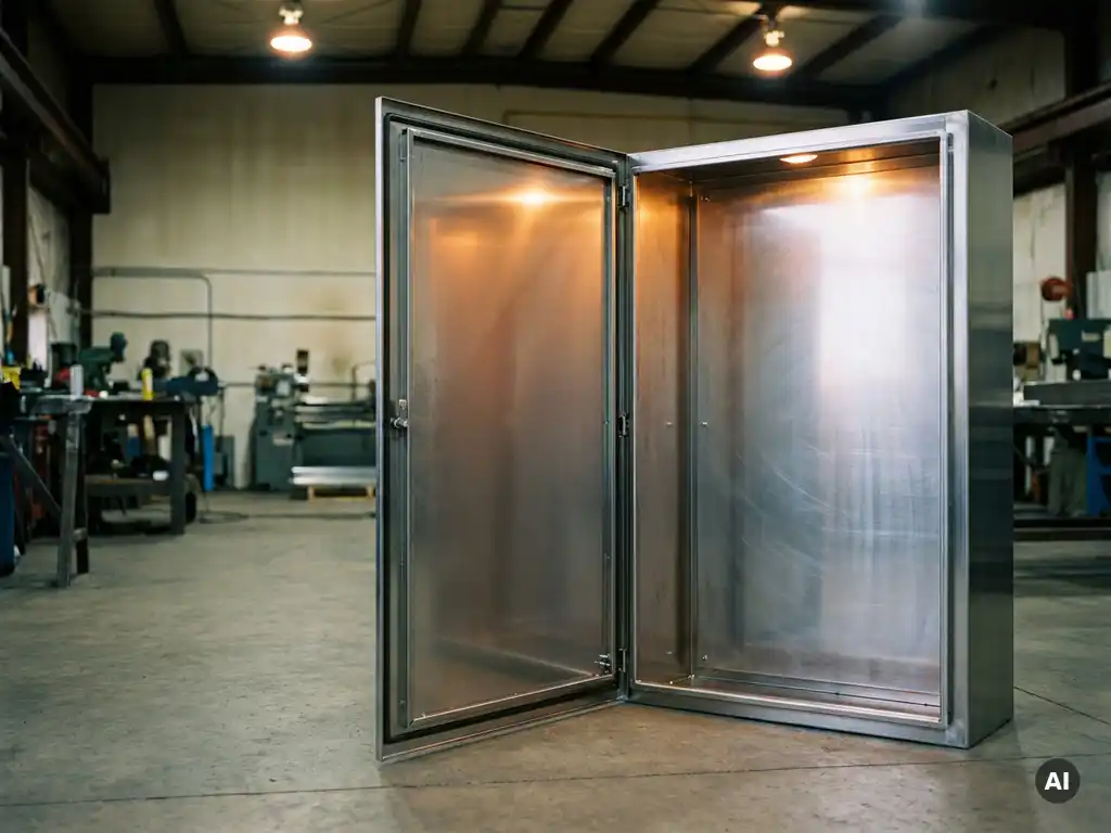 Geöffneter Stahlschaltschrank aus schwerem Blech mit gebürsteten Metallpanelen in einer Industriehalle unter warmem Werkstattlicht.