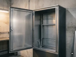 Geöffneter Stahlschaltschrank mit Montageschienen an grauer Industriewand, leer und sauber im Inneren.