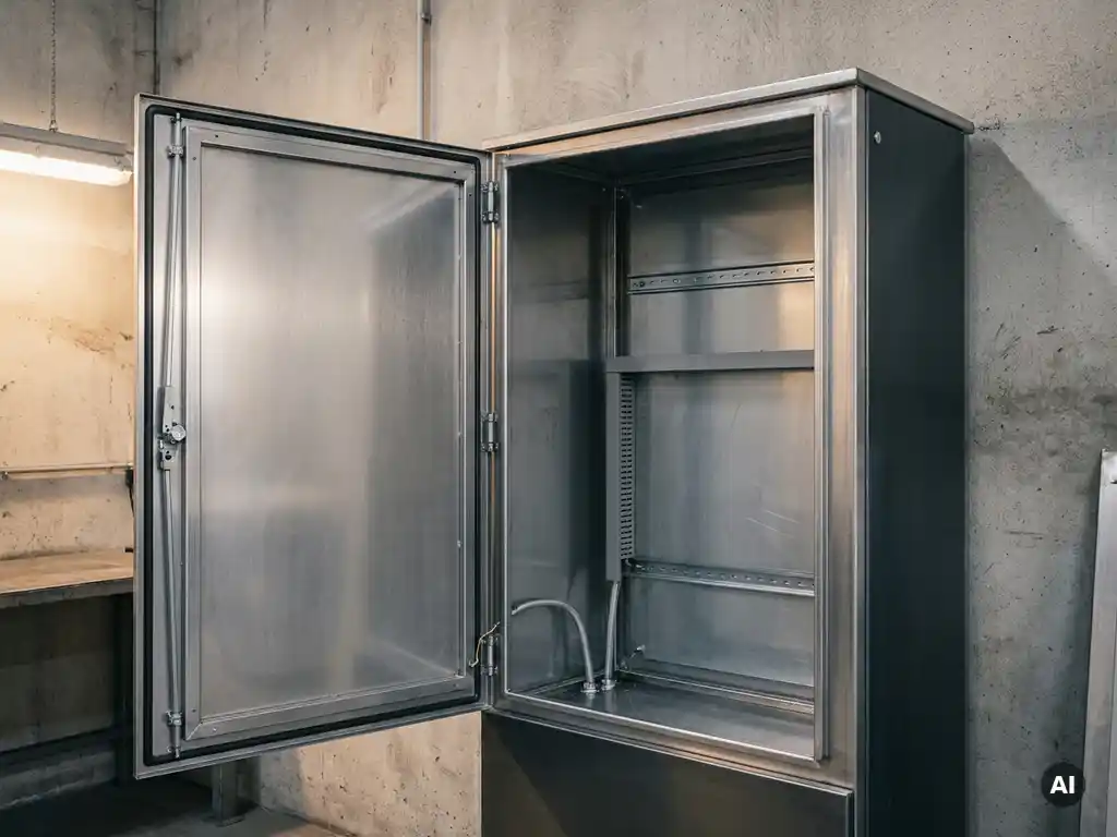 Geöffneter Stahlschaltschrank mit Montageschienen an grauer Industriewand, leer und sauber im Inneren.
