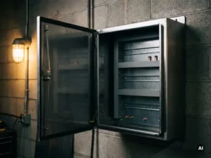Geöffneter Stahlschaltschrank mit Montageschienen und Erdungsstutzen, wandmontiert in einer Industriewerkstatt aus Beton.
