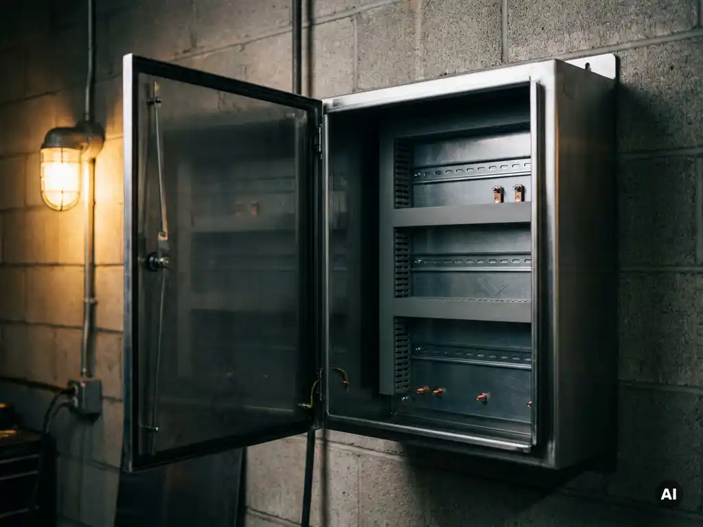 Geöffneter Stahlschaltschrank mit Montageschienen und Erdungsstutzen, wandmontiert in einer Industriewerkstatt aus Beton.