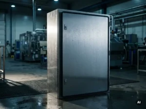 Wasserdichter Stahlschaltschrank auf feuchtem Betonboden mit Kondenstropfen auf gebürsteter Metalloberfläche und Dichtungsgummi.