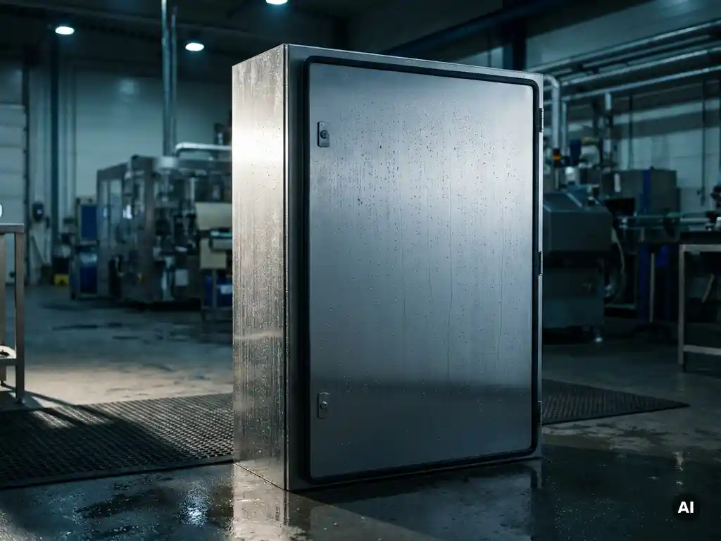 Wasserdichter Stahlschaltschrank auf feuchtem Betonboden mit Kondenstropfen auf gebürsteter Metalloberfläche und Dichtungsgummi.