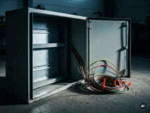 Geöffneter Industrie-Stahlschaltschrank mit Montageschienen und Kabelkanälen, buntes Elektrokabel daneben auf Betonboden.
