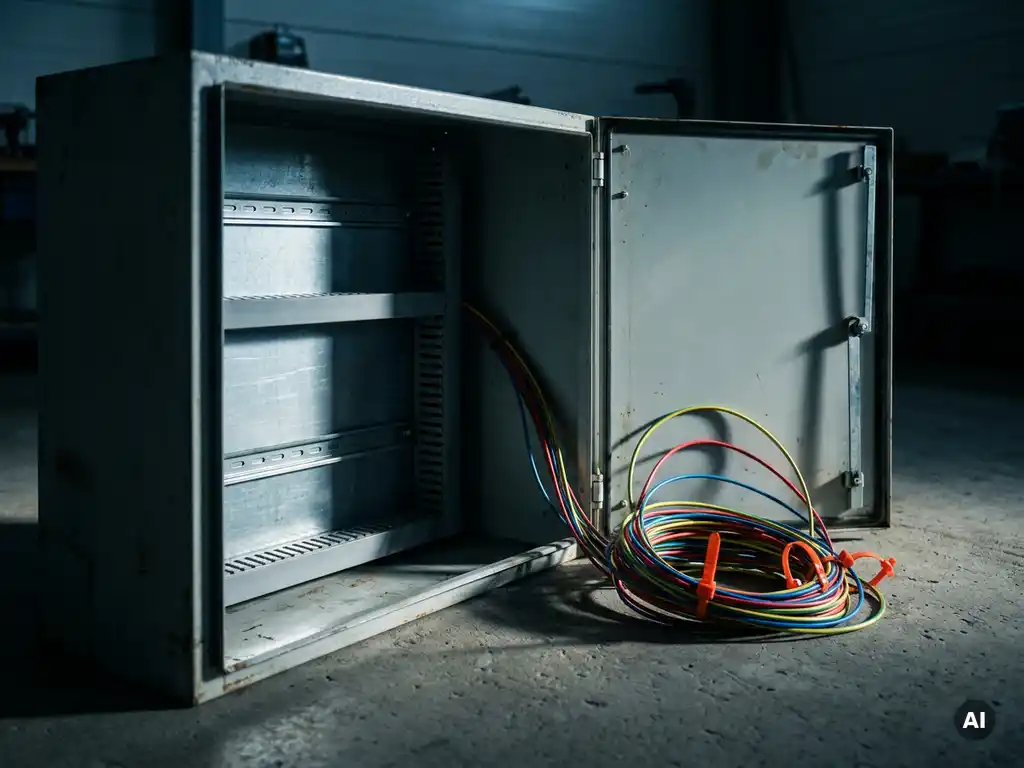 Geöffneter Industrie-Stahlschaltschrank mit Montageschienen und Kabelkanälen, buntes Elektrokabel daneben auf Betonboden.