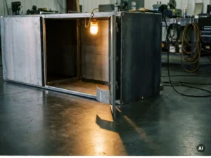 Geöffneter Industrieschaltschrank auf Fabrikboden mit verbogenem Metallpanel, langer Schatten auf poliertem Beton, warmes Arbeitslicht.