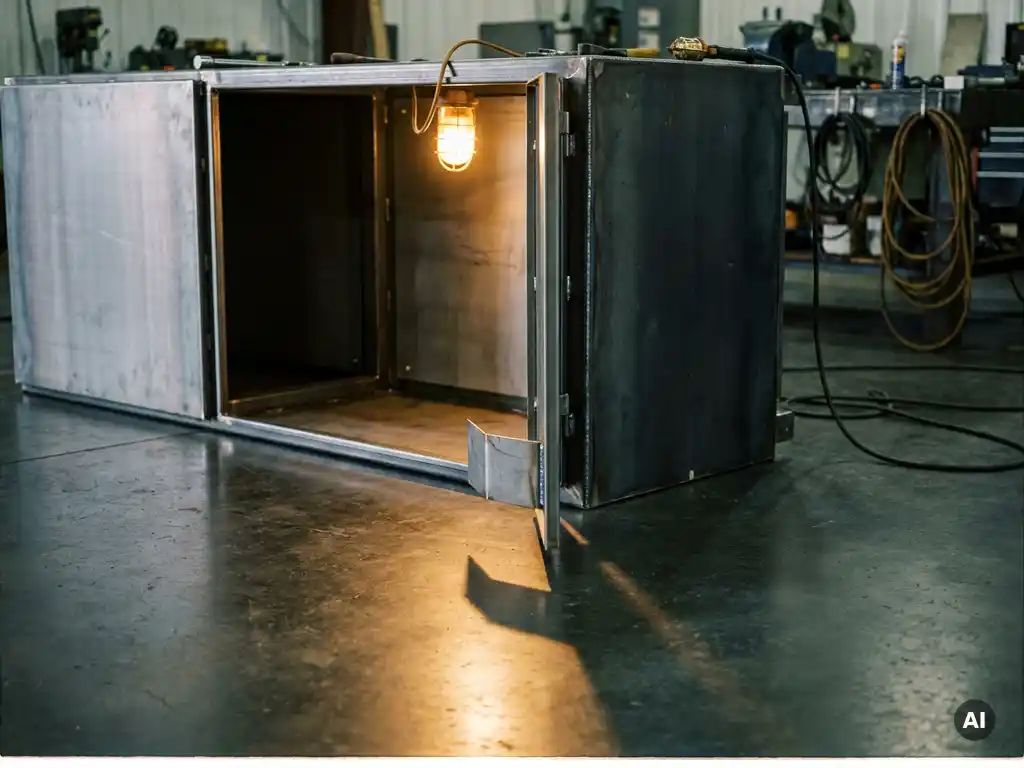 Geöffneter Industrieschaltschrank auf Fabrikboden mit verbogenem Metallpanel, langer Schatten auf poliertem Beton, warmes Arbeitslicht.