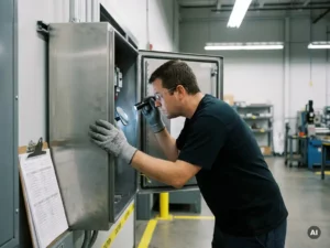Qualitätsprüfer mit Arbeitshandschuhen untersucht geöffneten Stahlschrank zur Wandmontage in einer Fabrikhalle, Klemmbrett angelehnt.