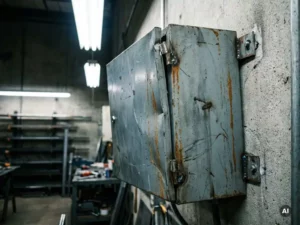 Beschädigtes Stahlgehäuse mit verbogener Türangel und ungleichmäßigen Montagelöchern an einer Betonwand einer Industriehalle.