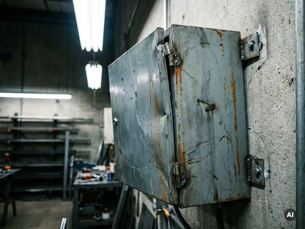 Beschädigtes Stahlgehäuse mit verbogener Türangel und ungleichmäßigen Montagelöchern an einer Betonwand einer Industriehalle.