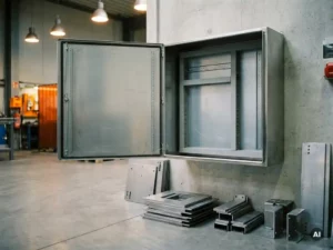 Geöffneter Stahlschaltschrank mit leeren Montageschienen auf Betonboden neben Blechkomponenten in einer Industriewerkstatt.