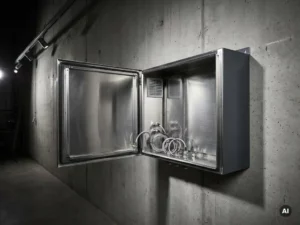 Offener Wandschrank aus gebürstetem Edelstahl mit Lüftungsschlitzen und Kabeleinführungen, montiert an Betonwand in Industrieumgebung.