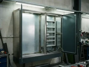 Geöffneter Stahlschrank zur Wandmontage mit gebürsteten Metallinnenpanelen, Schweißnähten und Montageschienen in industrieller Werkstatt.